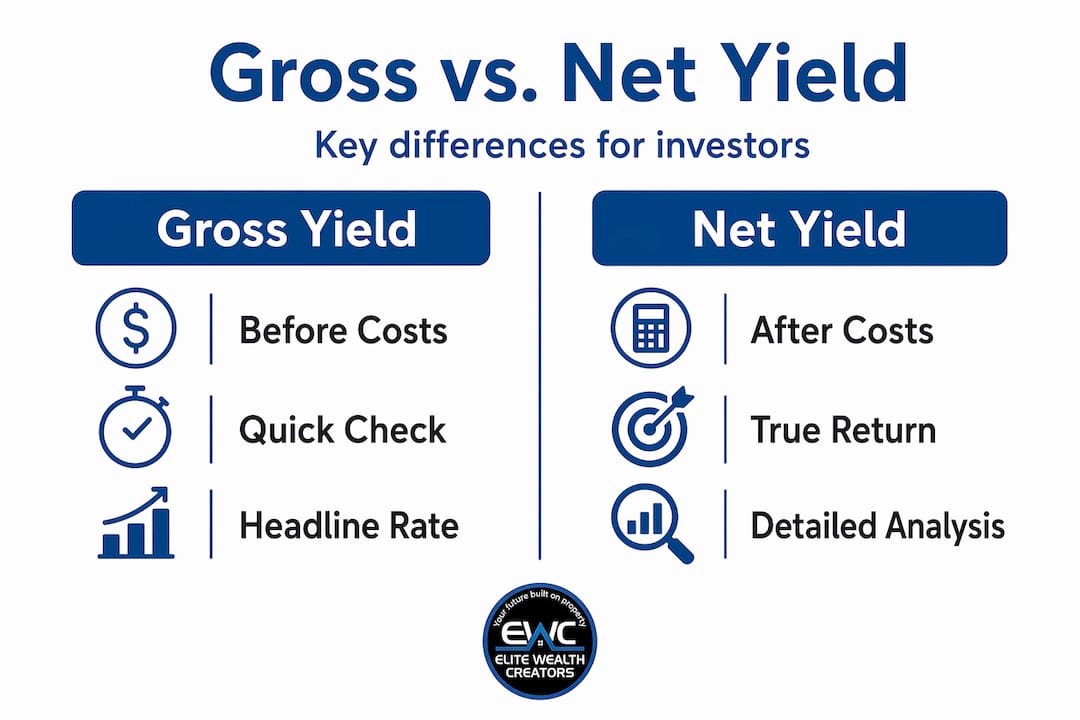 Gross yield versus net yield comparison infographic