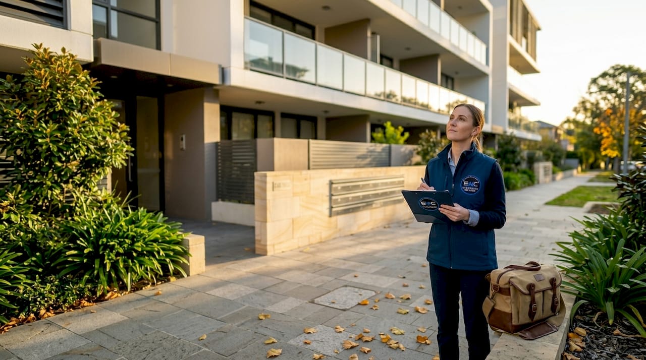 Surveyor inspecting Australian apartment block exterior