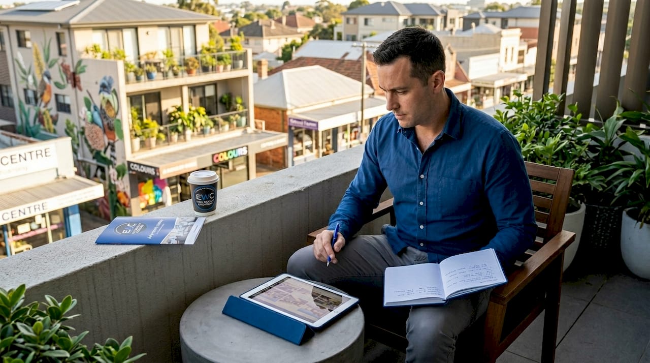 Investor comparing properties on balcony with notes