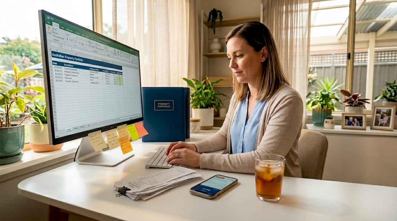 Landlord entering expenses in home office scene