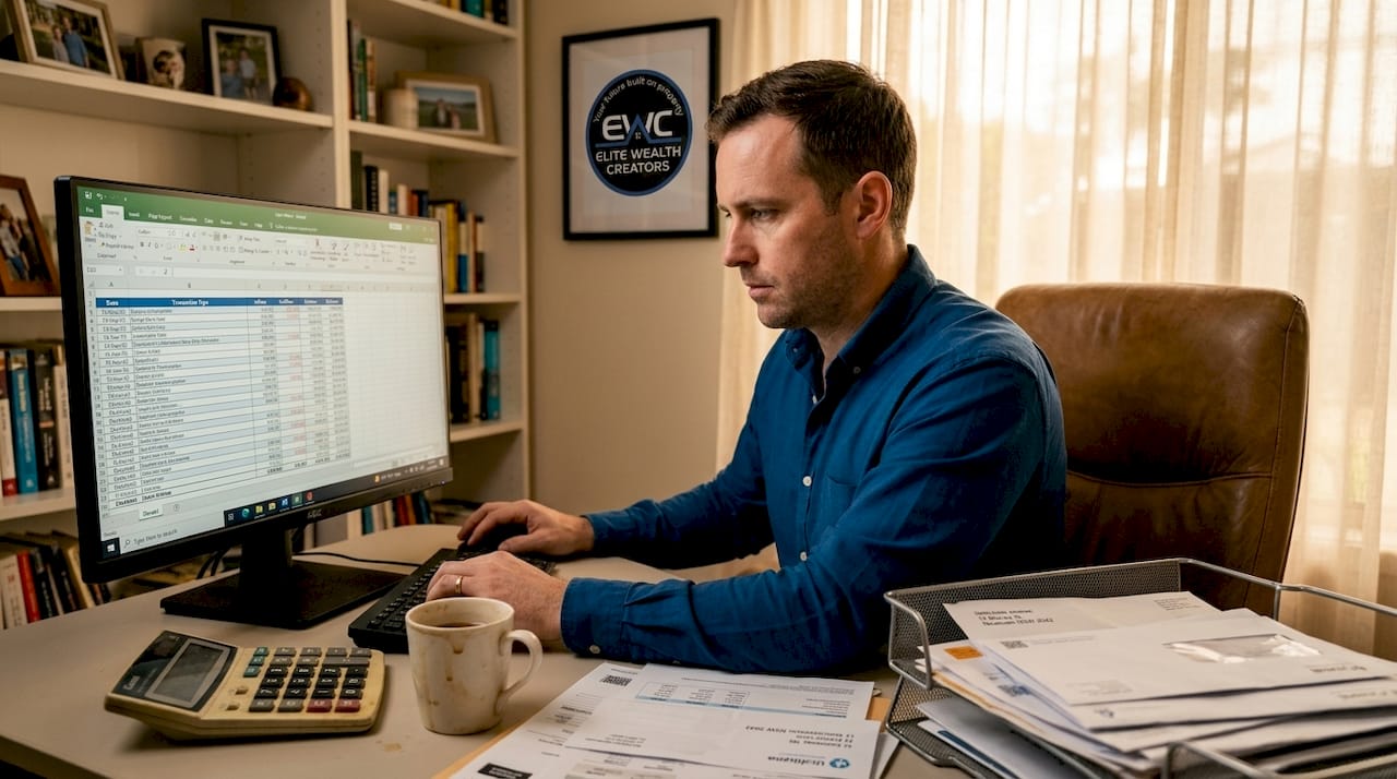 Man checking cash flow spreadsheet at desk