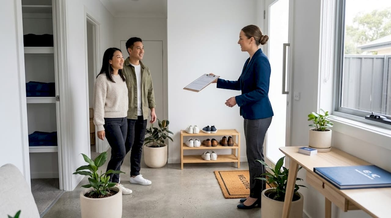 Property manager greeting rental applicants at home entry