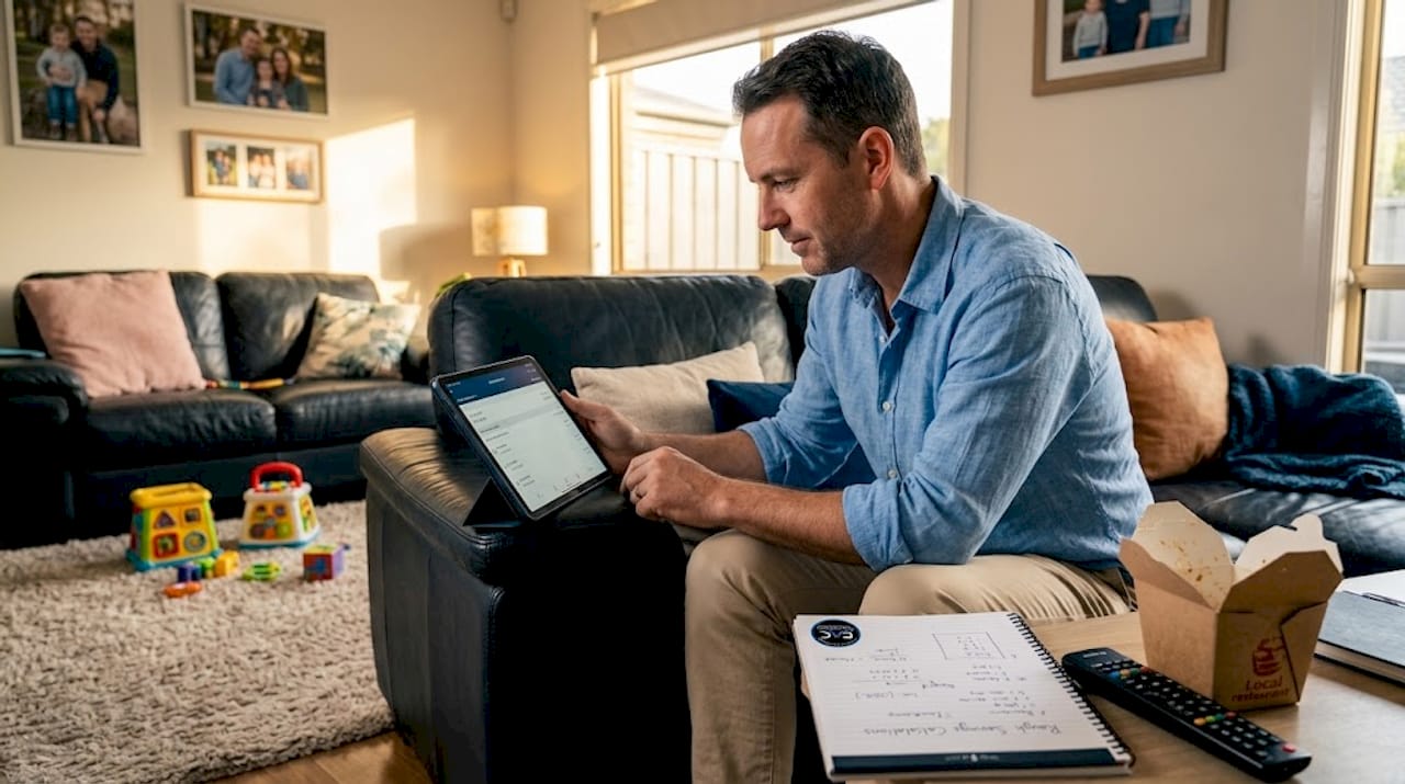 Man tracking emergency fund on phone in living room