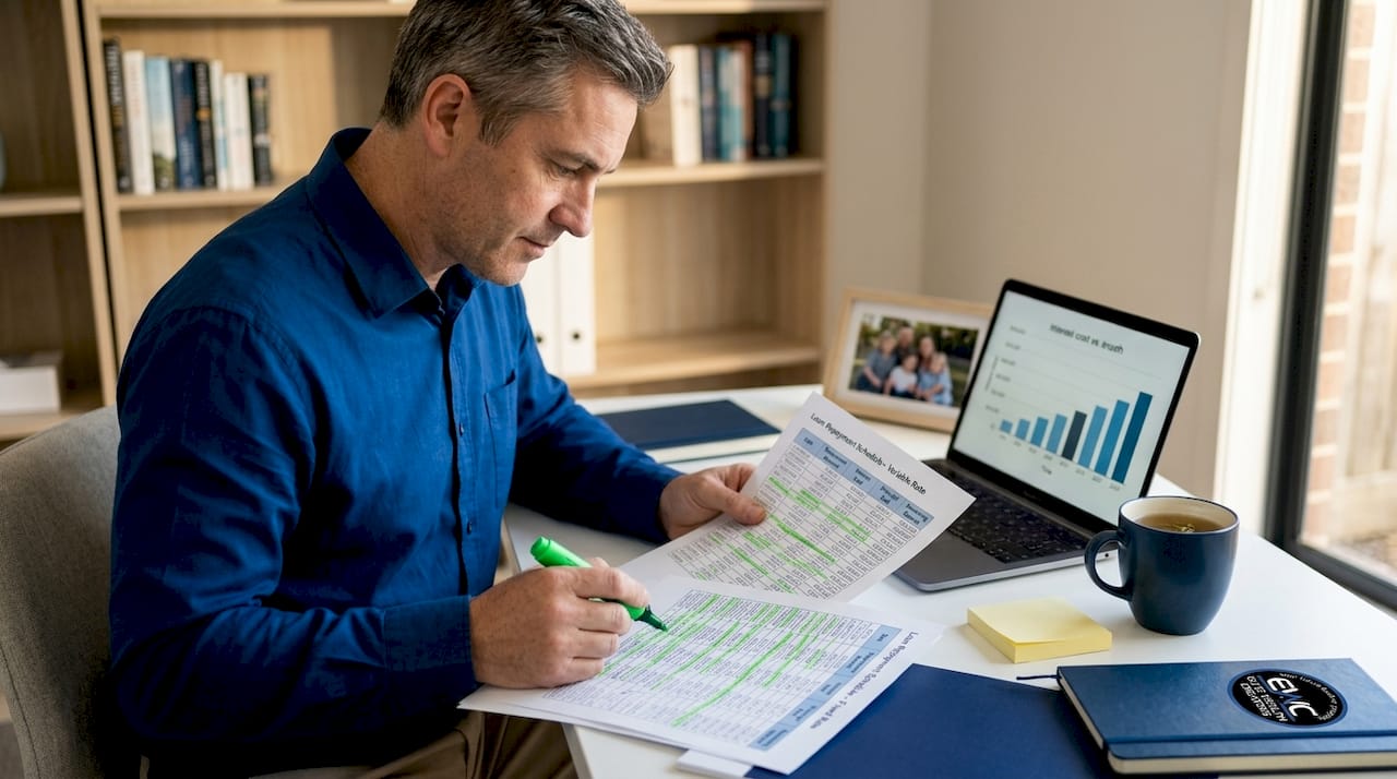 Man comparing loan repayment schedules at desk