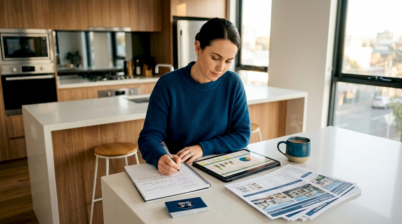 Woman organizing real estate documents at home table