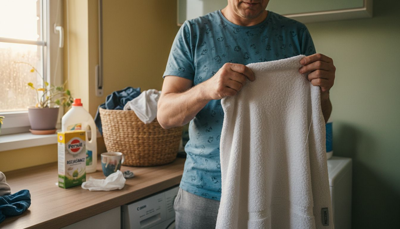 Mężczyzna ocenia jakość ręcznika kąpielowego po praniu