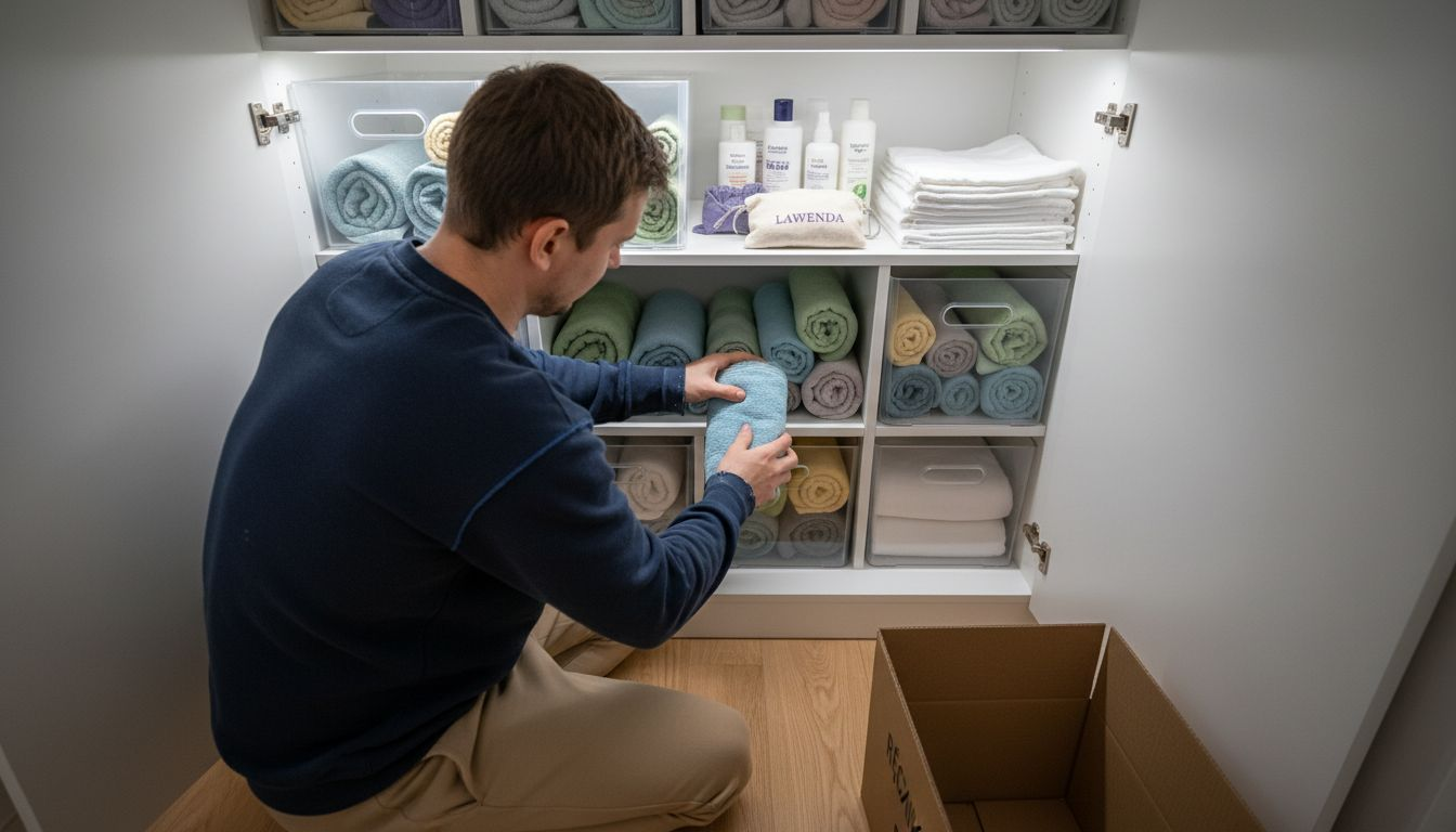 Mężczyzna starannie układa ręczniki w przezroczystych pojemnikach.