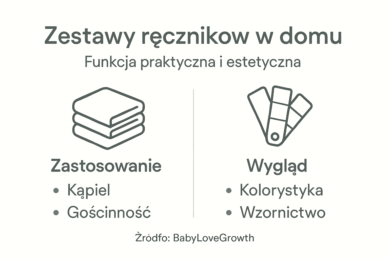 Infografika prezentująca zastosowania i zalety różnych zestawów ręczników