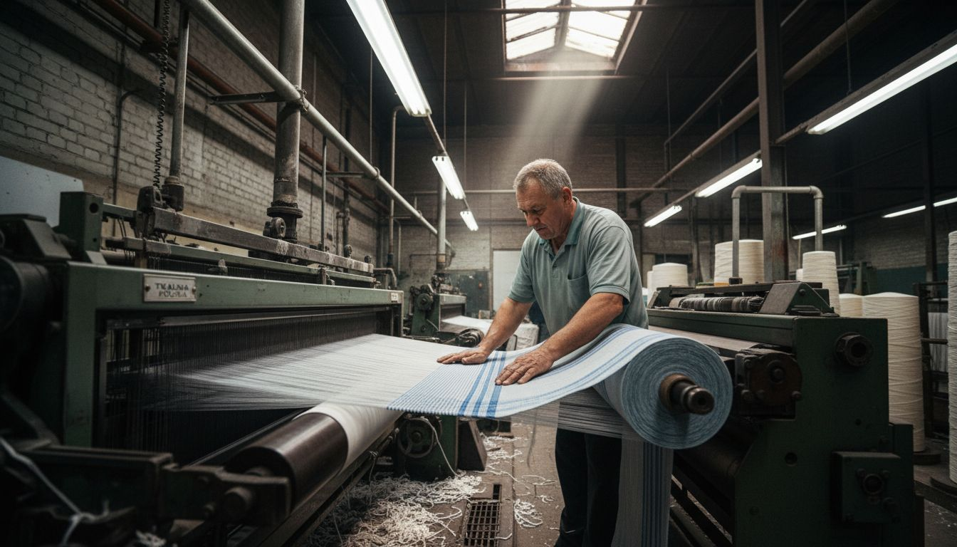 Pracownik techniczny kontroluje proces produkcji hotelowych ręczników, dbając o najwyższą jakość wyrobów.