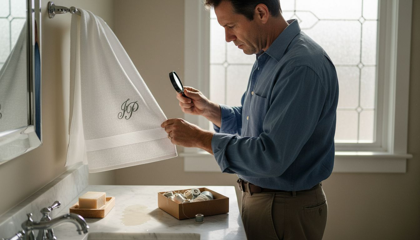 Mężczyzna z uwagą ogląda ręcznik premium z własnym nadrukiem.