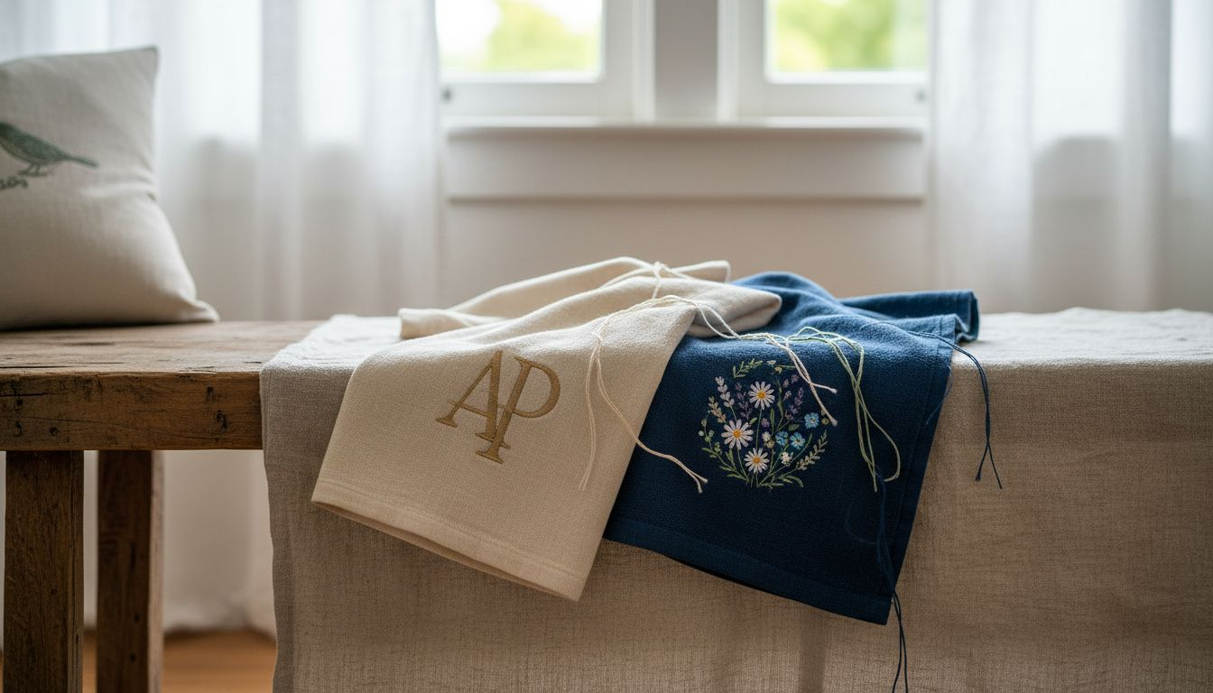 Na ławce w sypialni leżą dwa ręczniki ozdobione haftem.