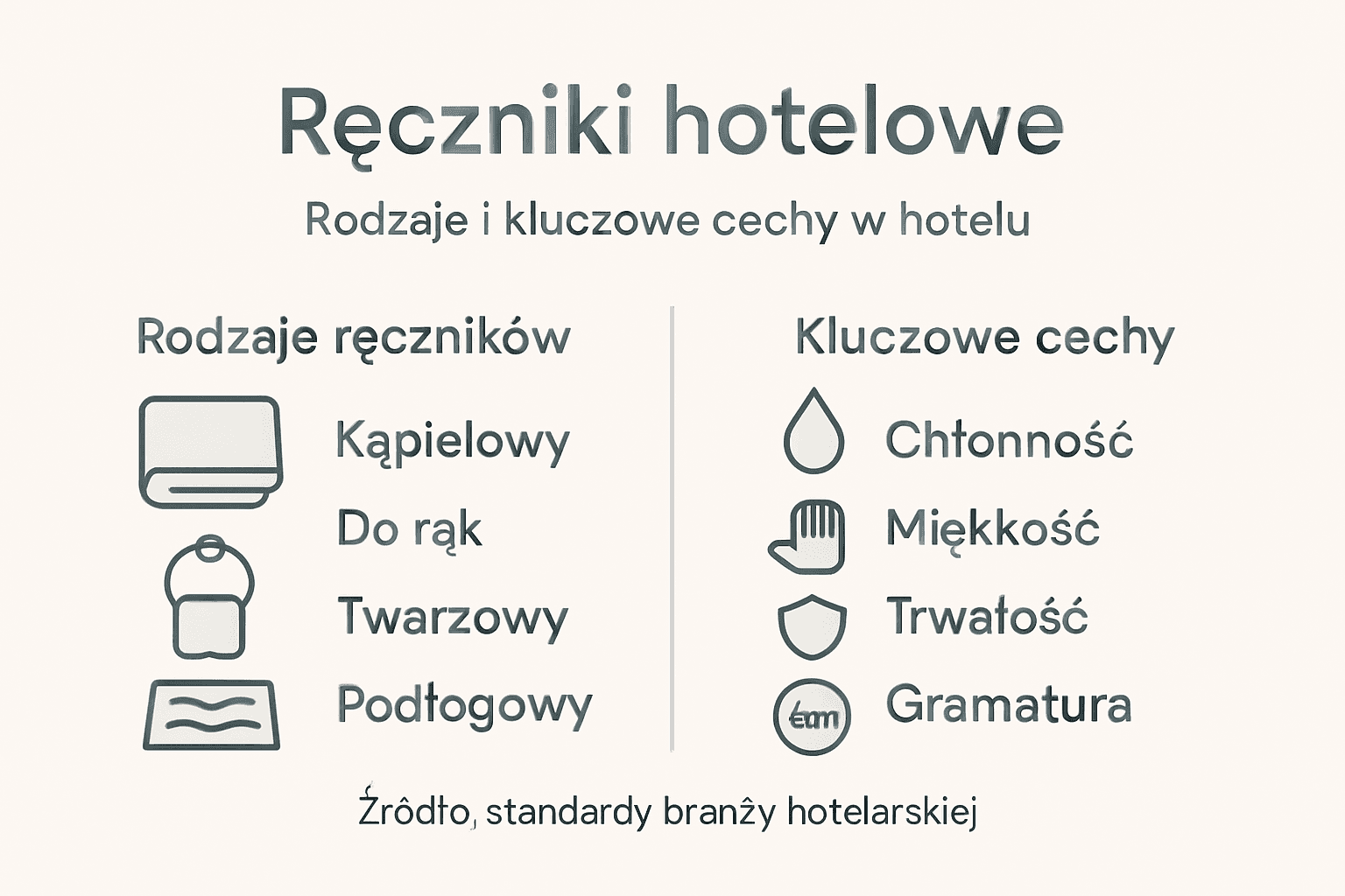 Infografika prezentująca różne typy ręczników wykorzystywanych w hotelach oraz ich najważniejsze właściwości.