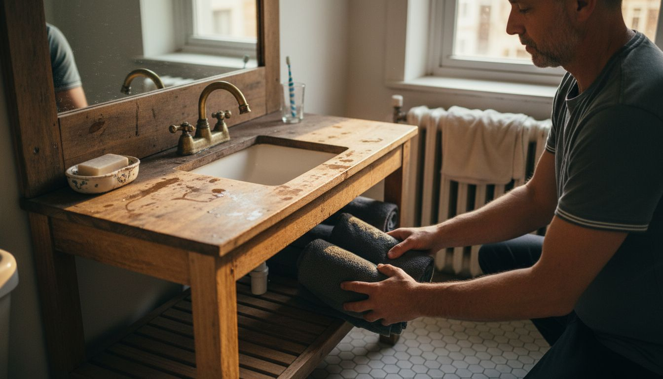 Mężczyzna układa ręczniki na półce w łazience.