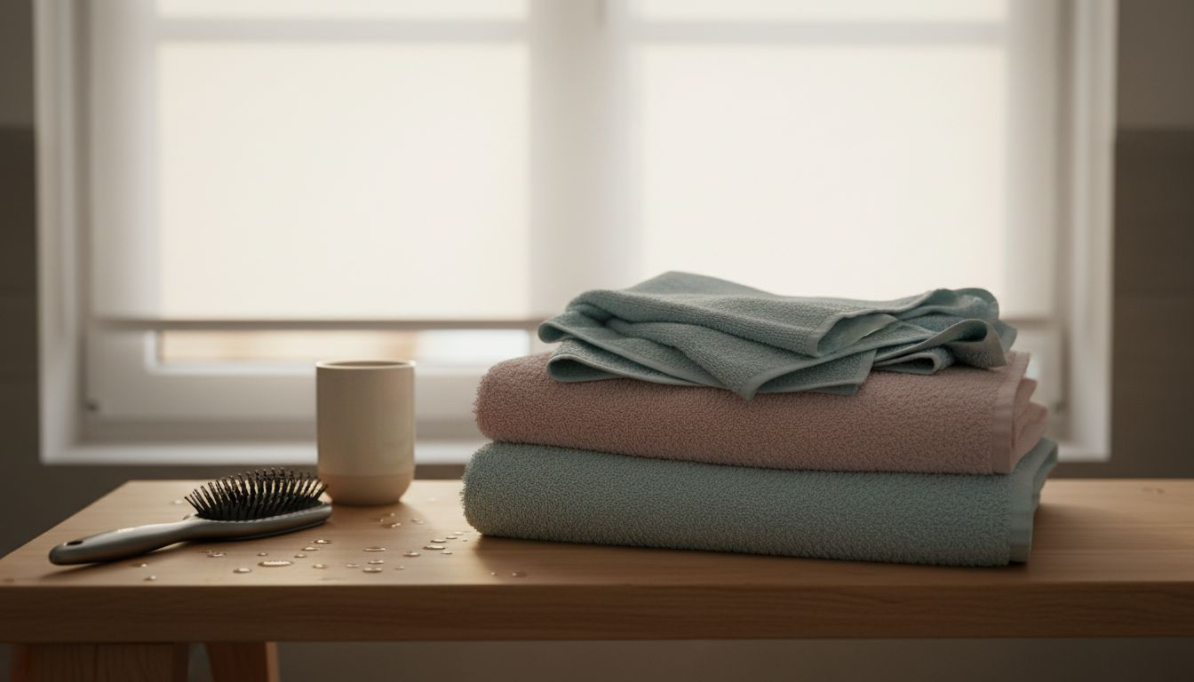 Na półce ułożone są starannie ręczniki w delikatnych, pastelowych odcieniach.