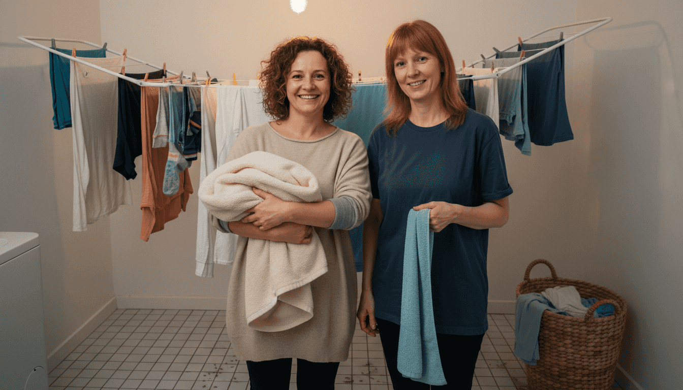 Dwie kobiety stoją w pralni i oglądają różne ręczniki, zastanawiając się, które z nich są lepsze.
