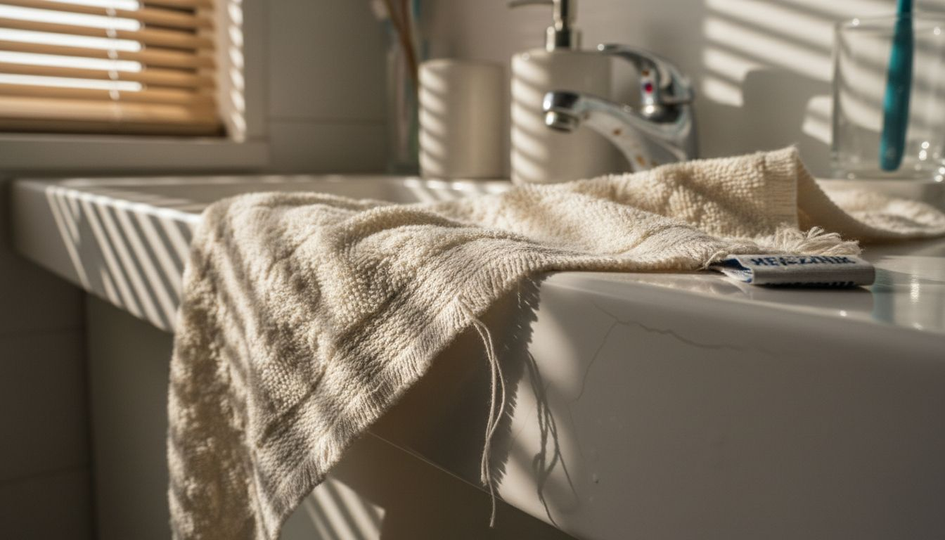 Detaliczny widok ozdobnej krawędzi ręcznika leżącego na blacie