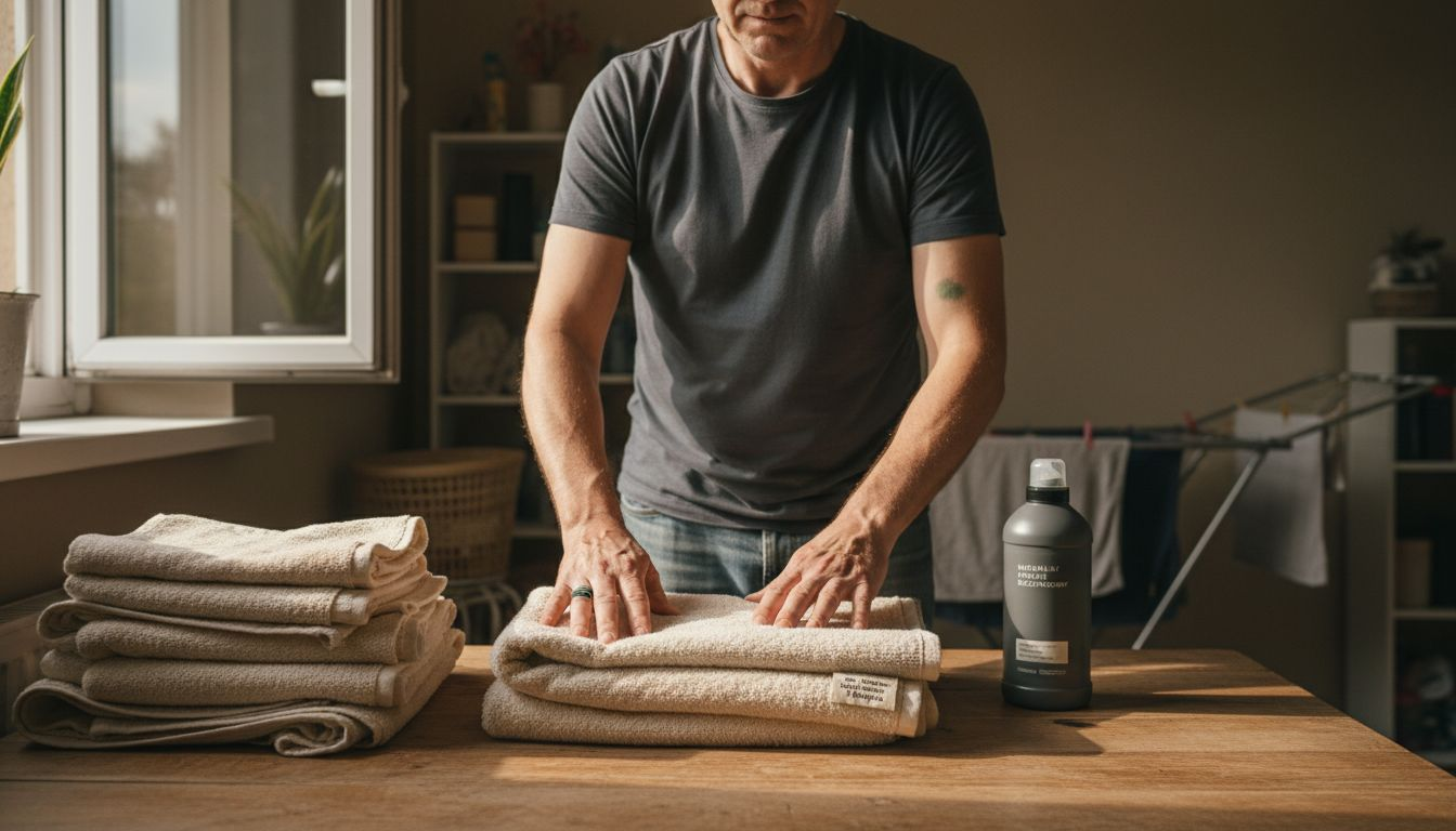 Mężczyzna starannie składa ręczniki z wysokogatunkowej bawełny