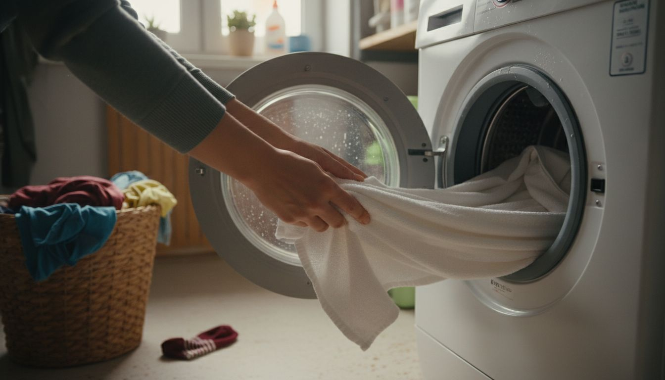 Ktoś wkłada ręcznik do pralki.