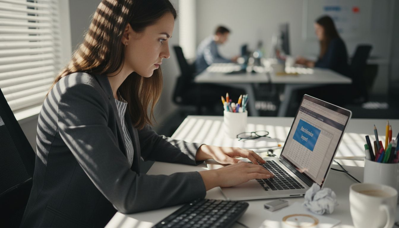 Woman importing invoice data from spreadsheet