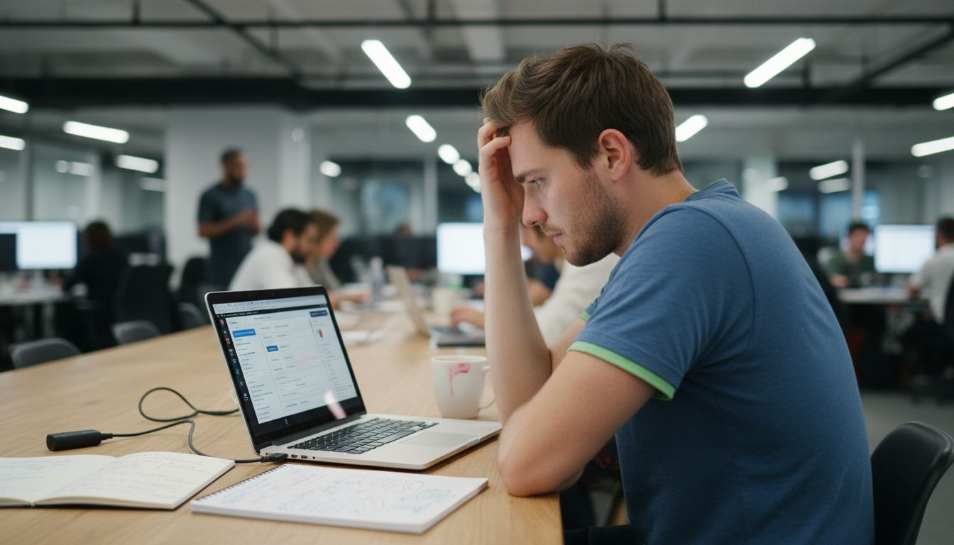 Marketer configures software at busy office table