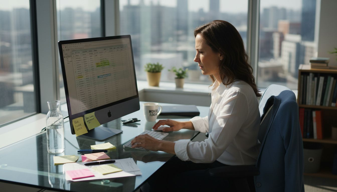 Marketing manager reviewing workflow at desk