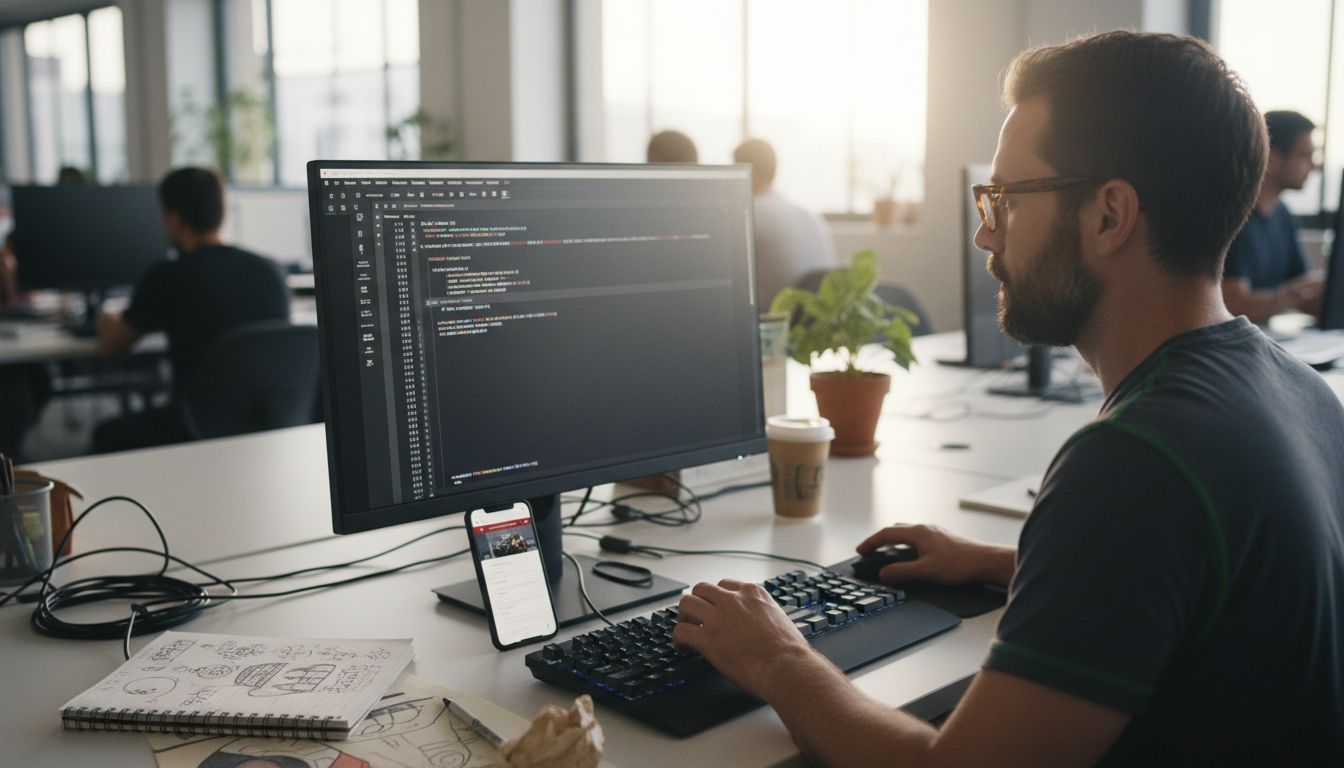 Developer codes responsive website at modern desk