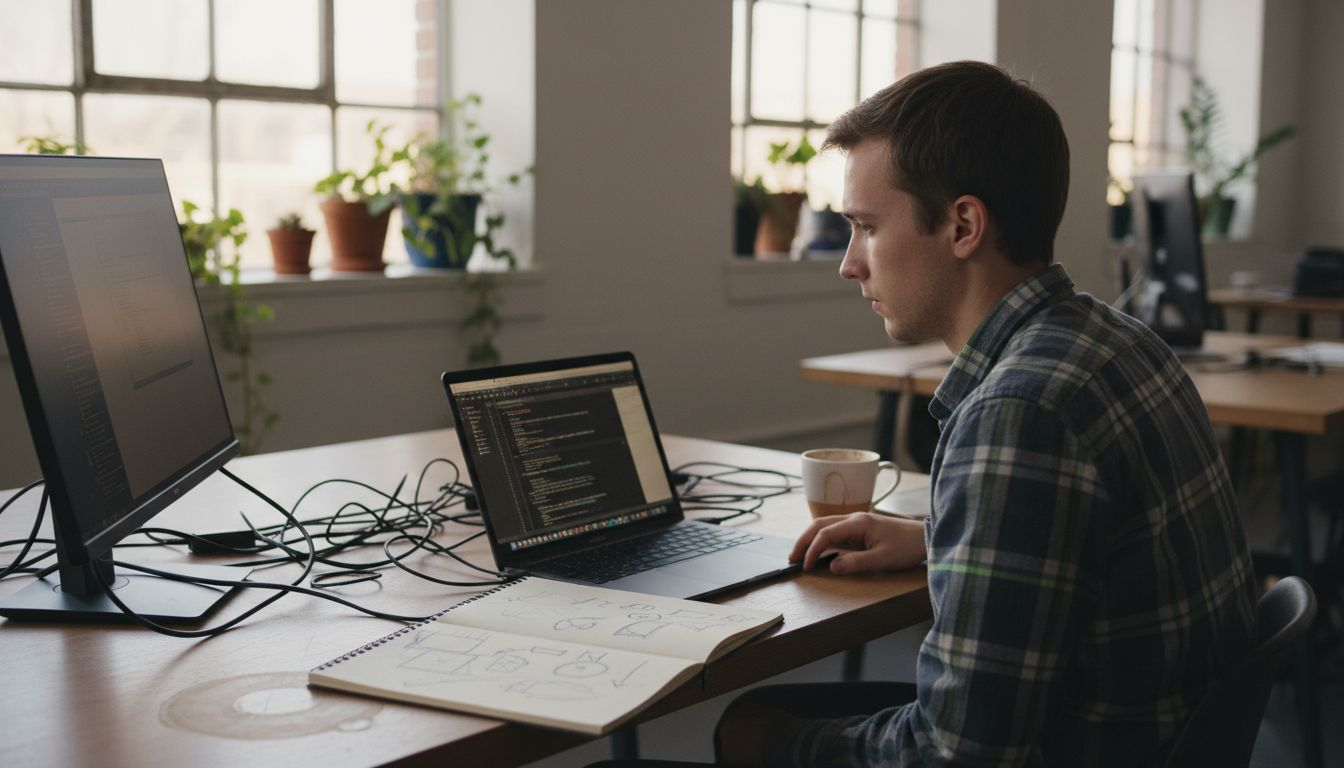 Developer coding frontend backend at cluttered desk