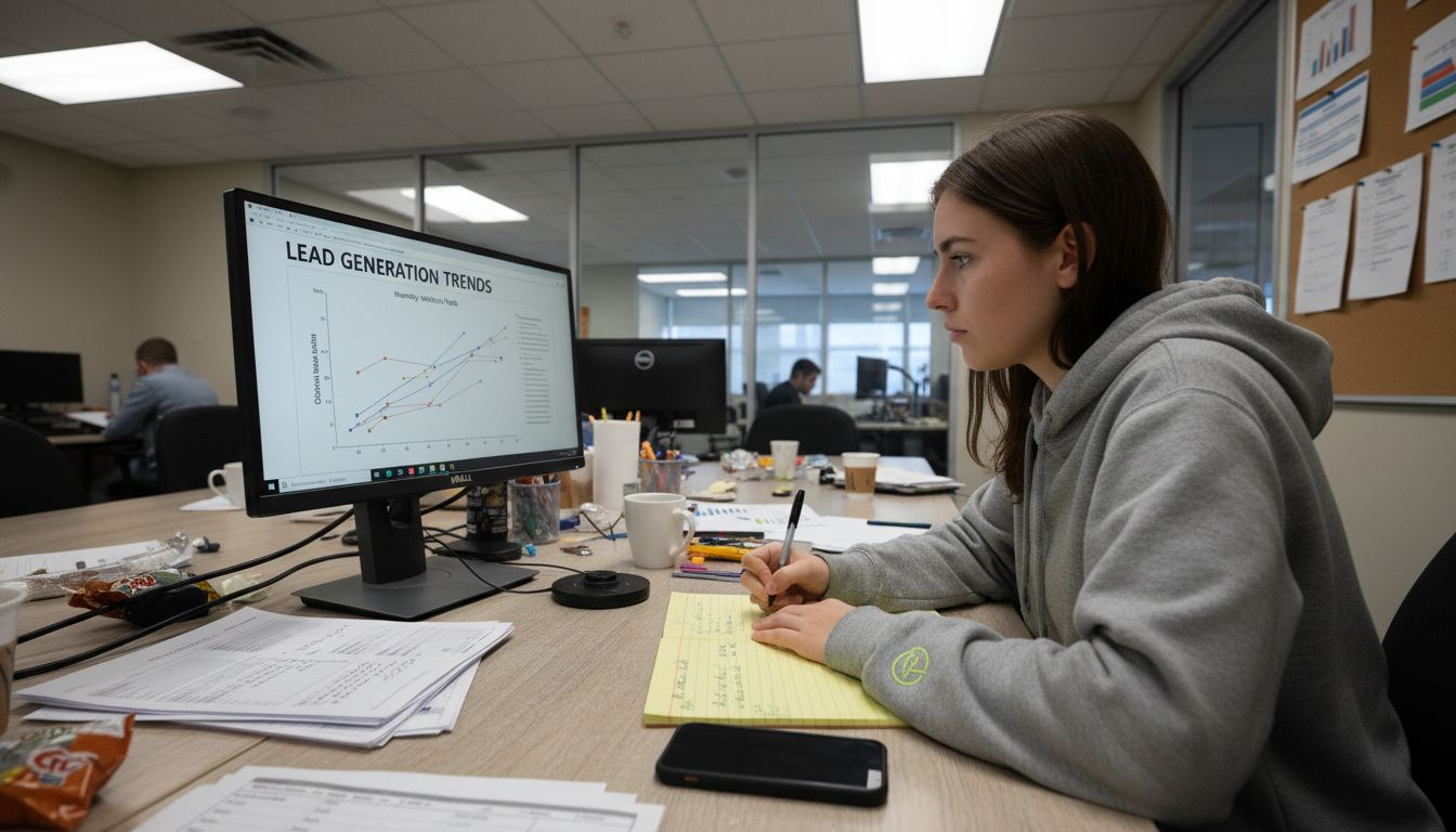 Employee analyzing website lead generation trends