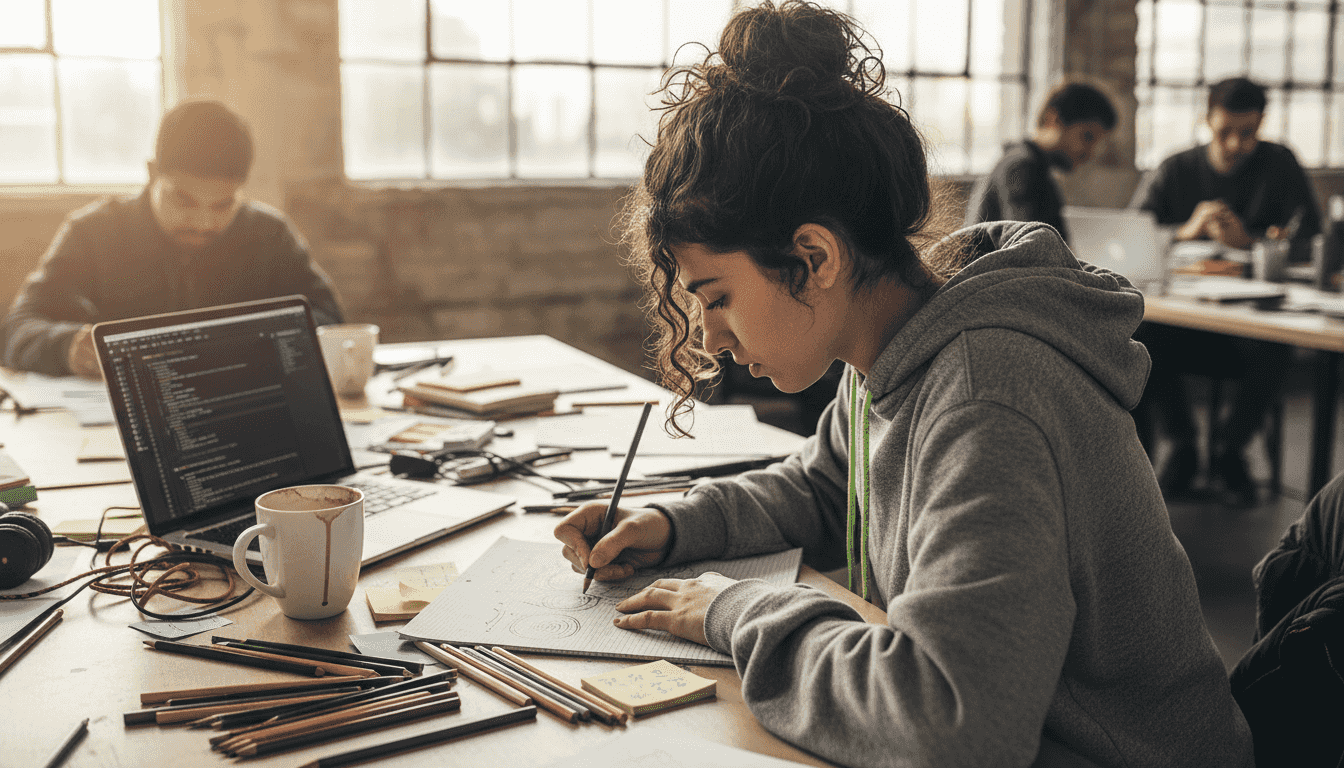 Developer sketching fluid grid layout by hand