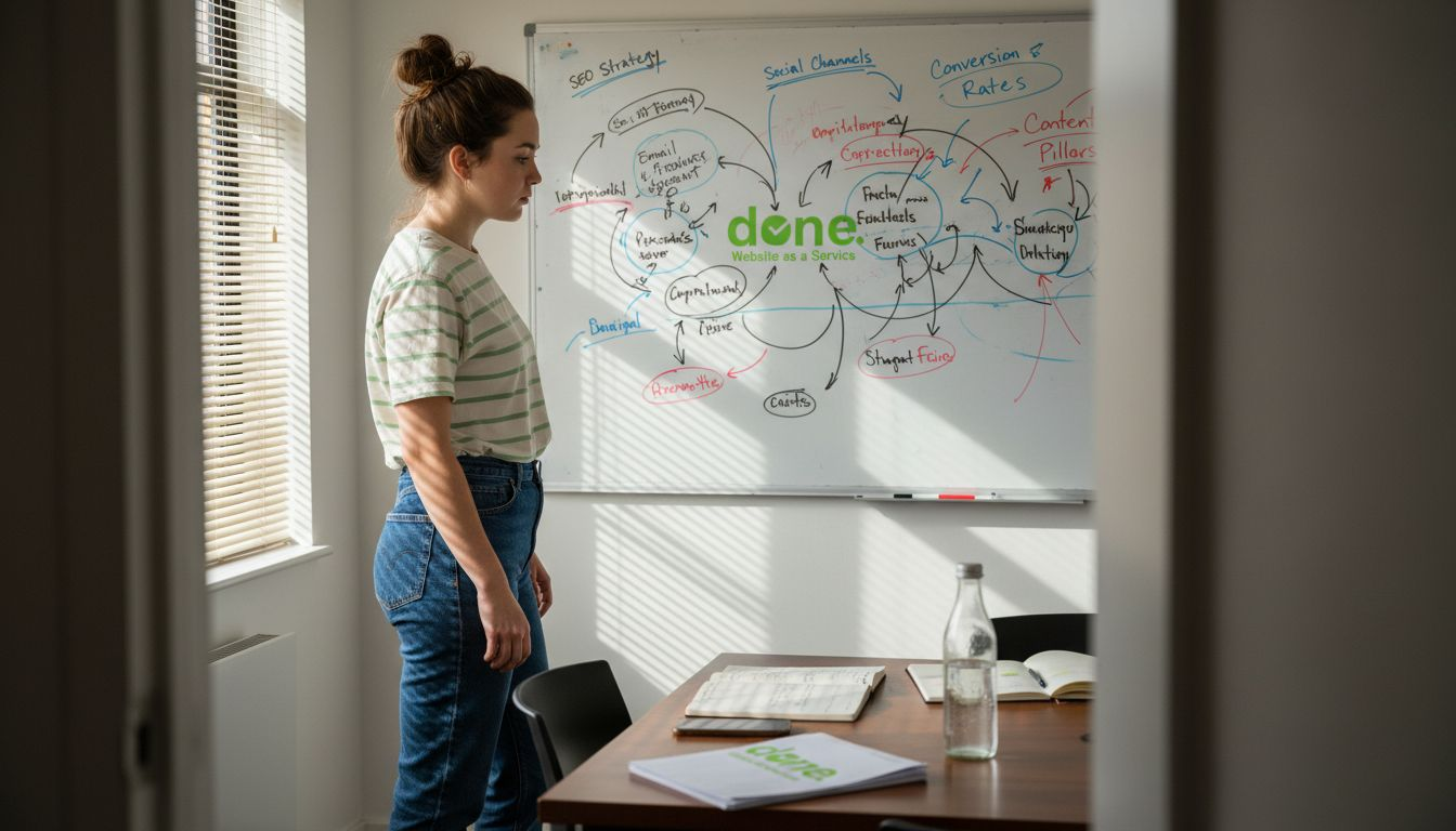 Manager reviewing digital marketing channel diagrams