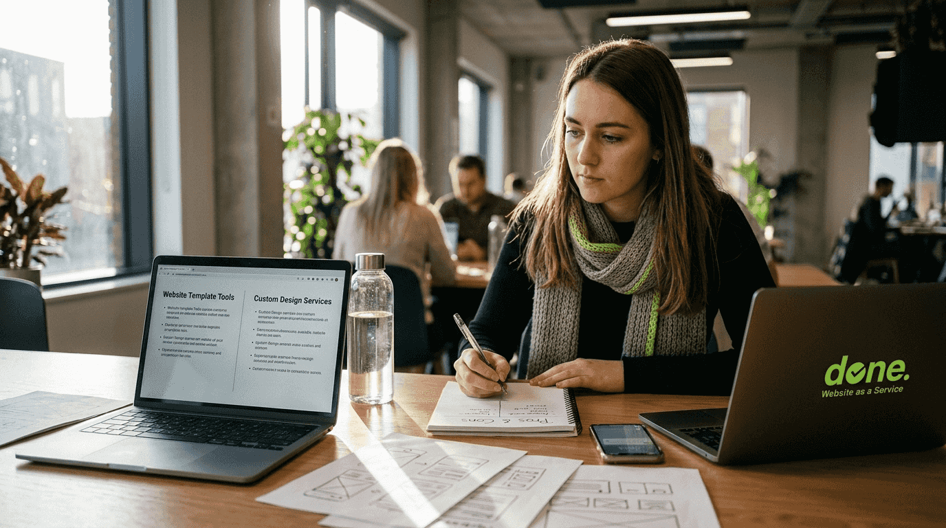 Woman comparing website redesign approaches