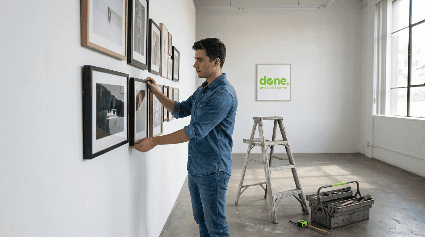 Designer arranging portfolio gallery wall