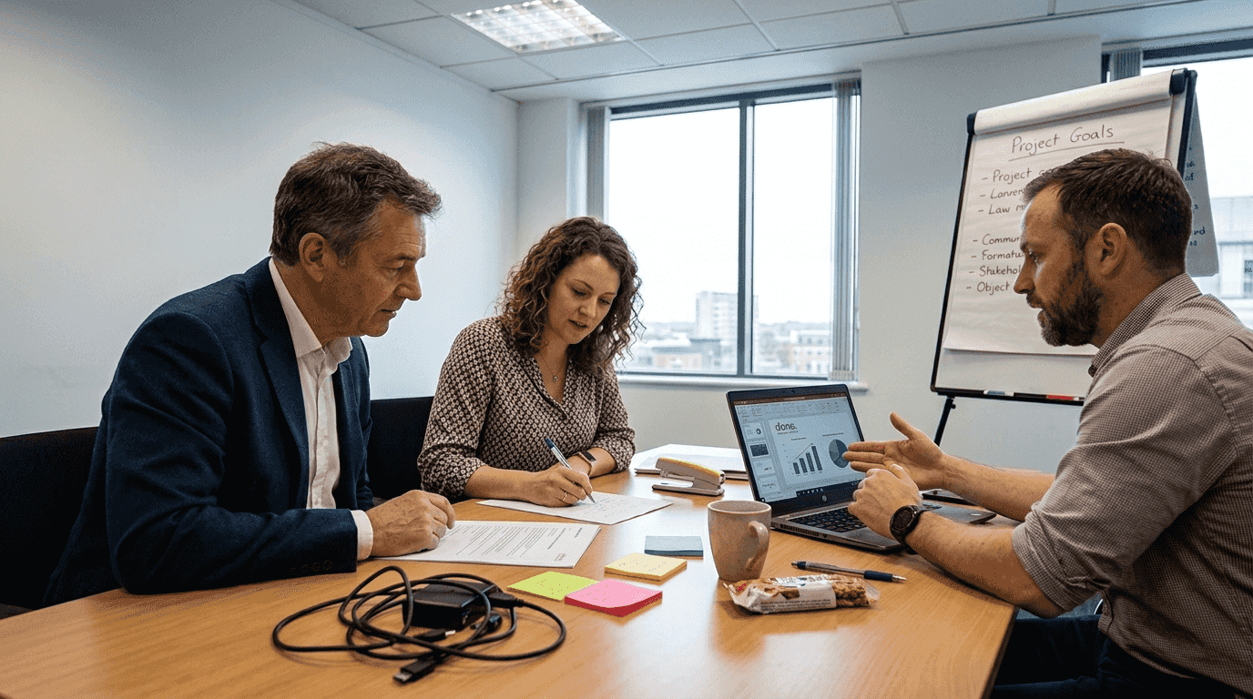 Team reviewing website project requirements