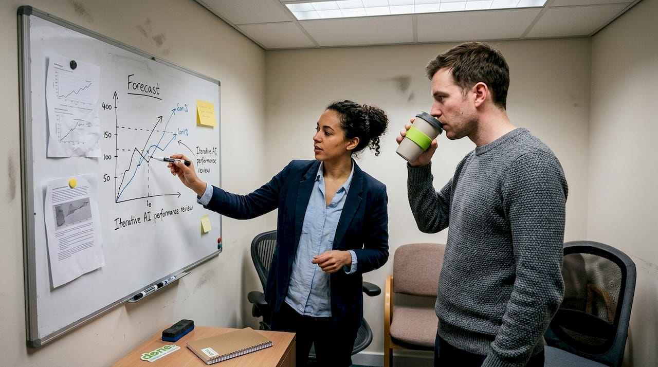 Team reviewing AI data on whiteboard in meeting room