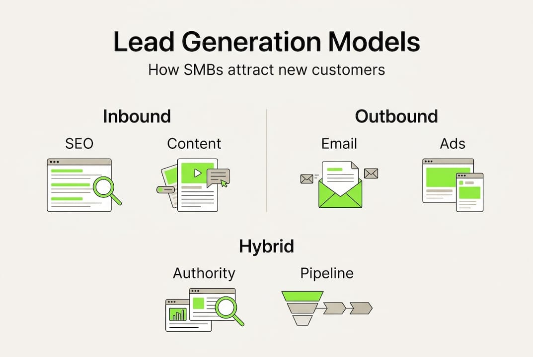 Infographic of inbound, outbound, hybrid lead generation