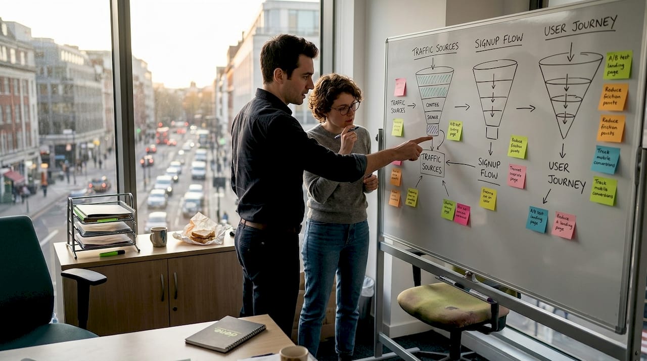 Marketers analyzing conversion funnel on whiteboard