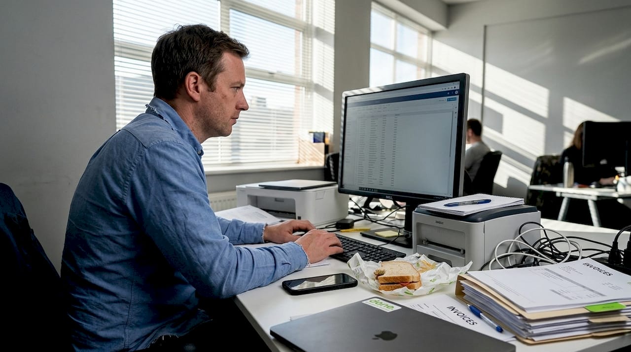 Worker updates data using AI tool at desk