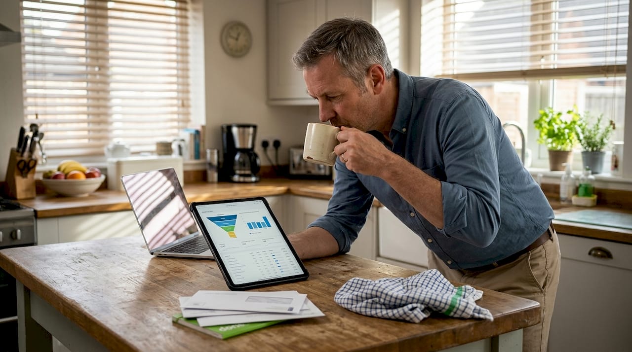 Man checking website analytics at kitchen counter