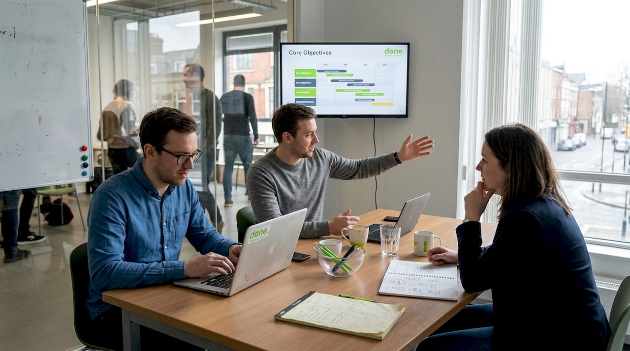 Team discusses digital strategy at meeting table
