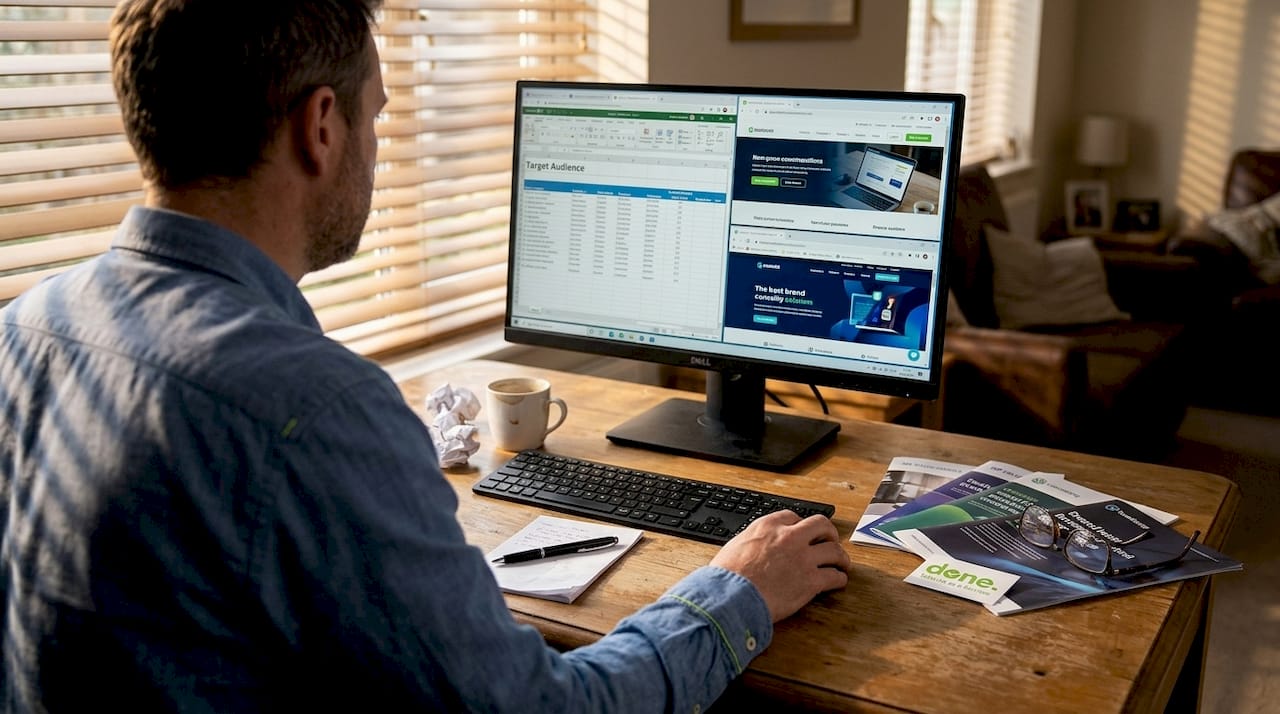 Analyst reviewing market research at cluttered desk