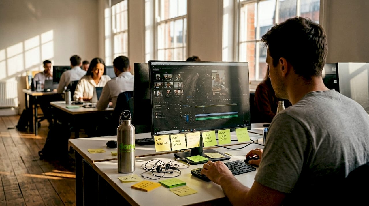Person editing video at cluttered coworking desk