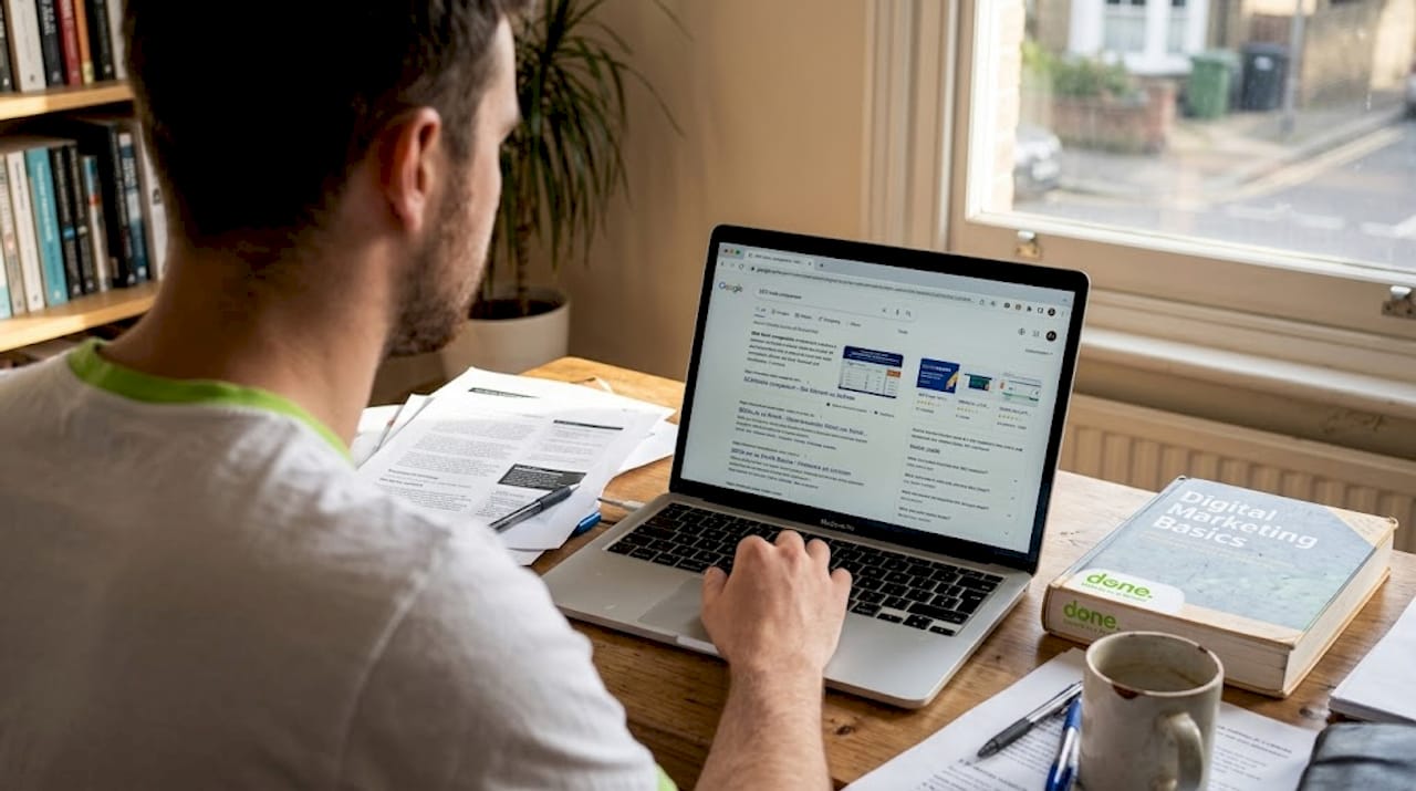 Man researching SEO tools at home desk