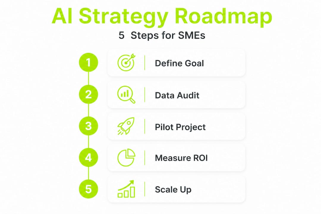Infographic showing AI strategy roadmap steps for SMEs
