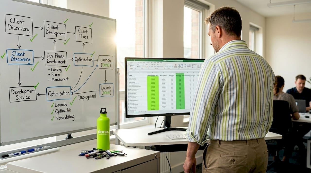 Manager reviewing spreadsheets at office monitor