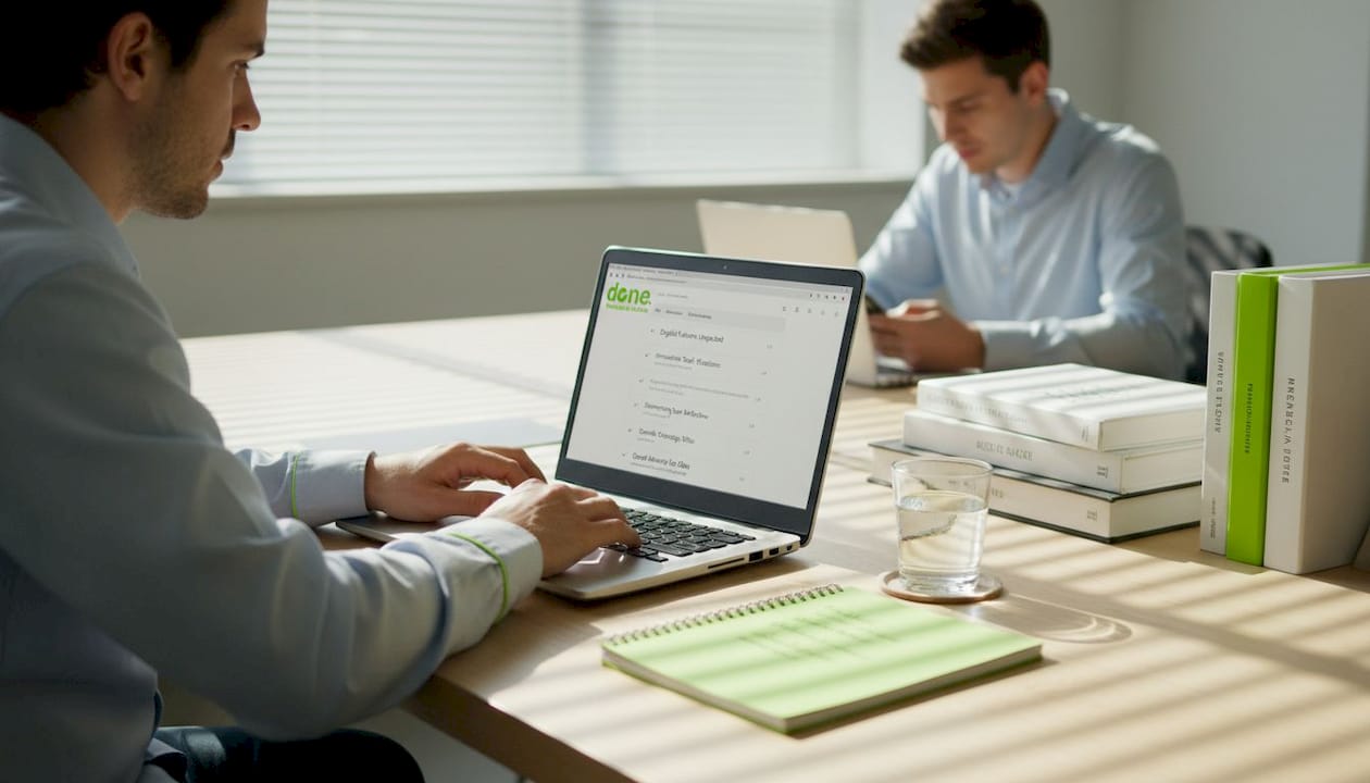 Marketer using laptop for AI content writing