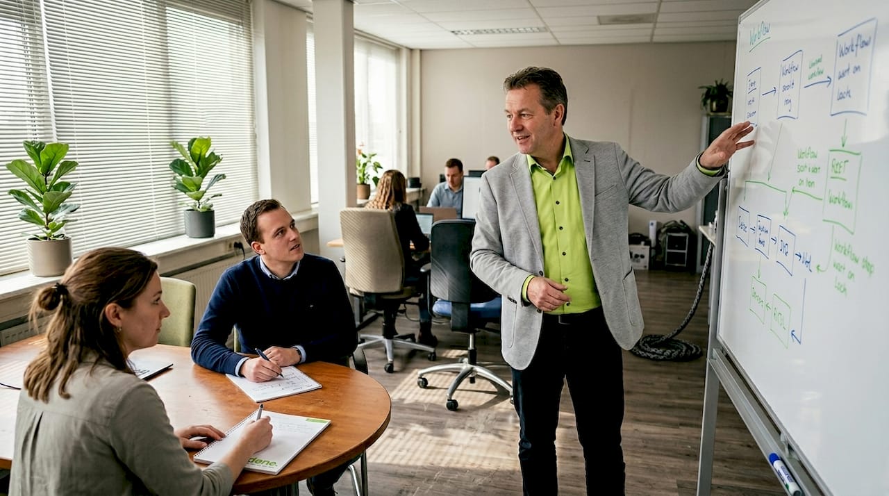 Manager leading automation team discussion on workflow
