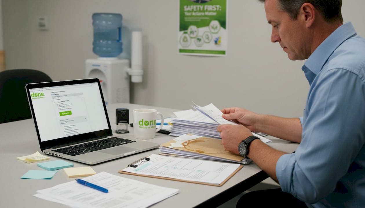 Man examines compliance documents at coworking table