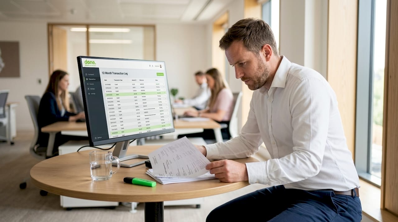 Manager reviewing transaction records in office