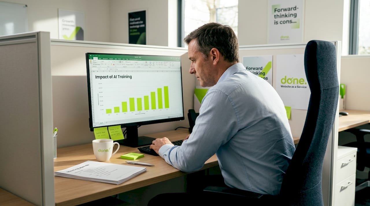 Manager analyzing AI training ROI on screen
