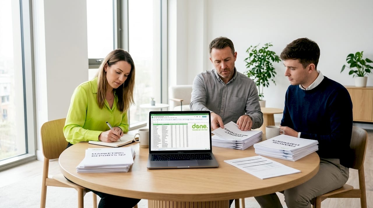 Team organizes printed documents at meeting table